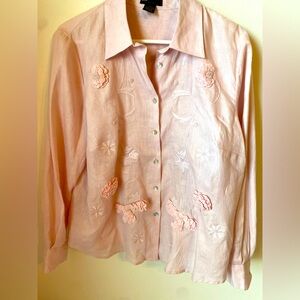 Grace Elements Linen Top Embroidered Decorative Flowers Light pink Women's 1X